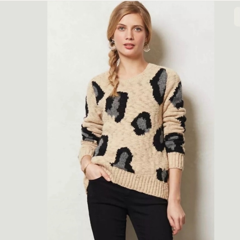 Anthropologie Sleeping on Snow Leopard Print Wool Blend Sweater